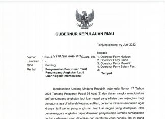 Gubernur Ansar Kirim Surat ke Menhub, Minta Tarif Ferry ke Singapura Diturunkan